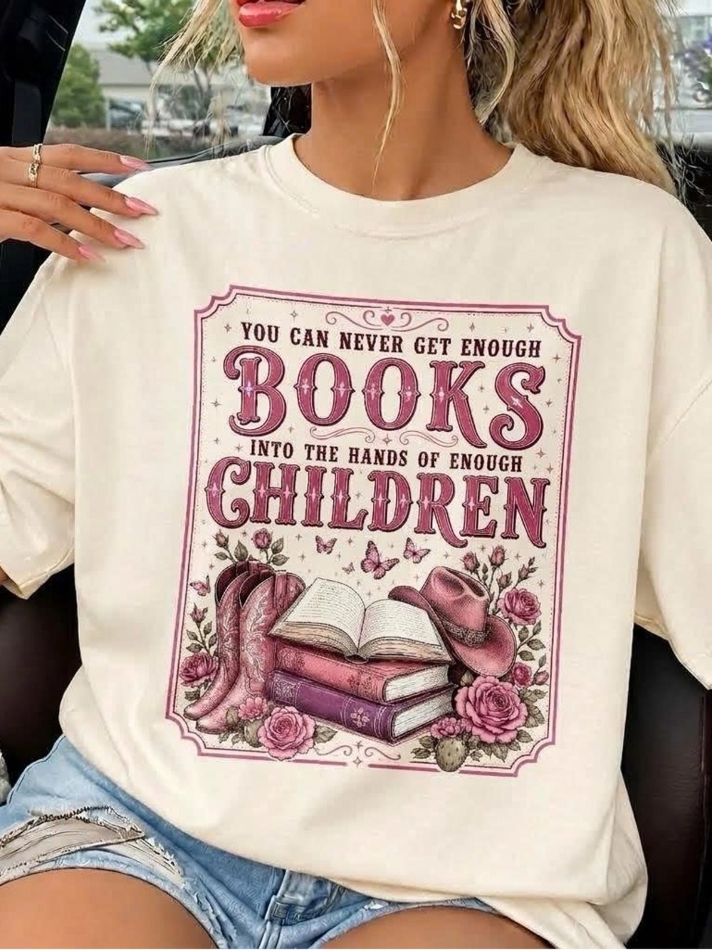 Vintage Dolly Parton Cream Tee with Pink Book & Western Graphic